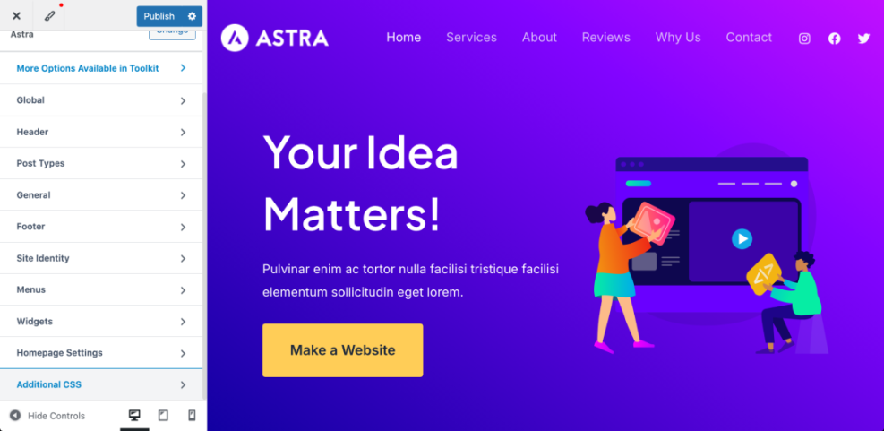 Astra WordPress theme customizer interface showing customization options like Global, Header, Footer, Site Identity, Menus, Widgets, and Additional CSS.