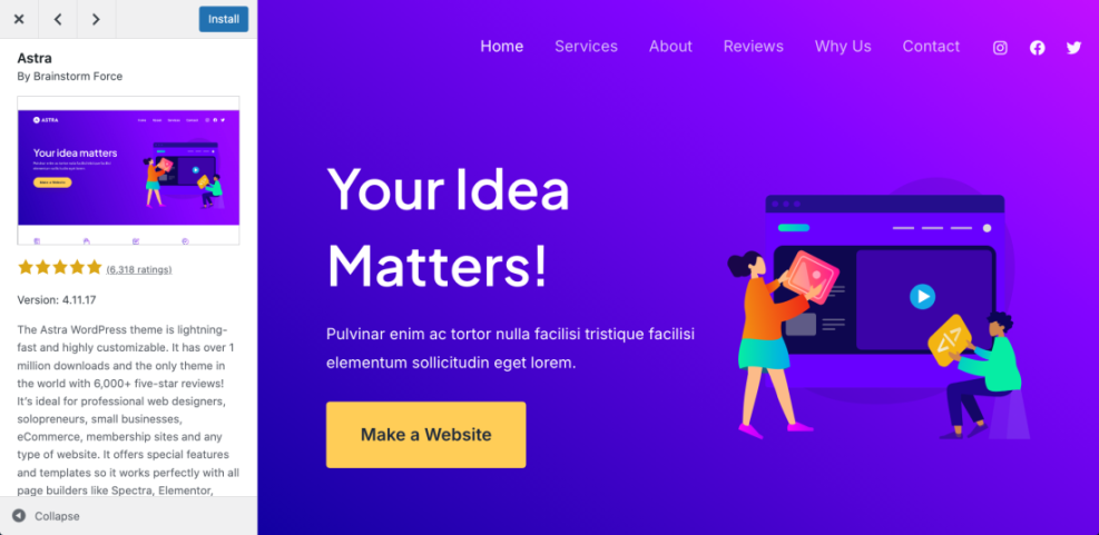 Astra WordPress theme detail page and live demo, illustrating a high-quality option when choosing a WordPress theme.