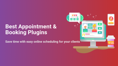 Online appointment booking plugins illustrated with a computer showing a video call, website, and mobile notifications for easy client scheduling.