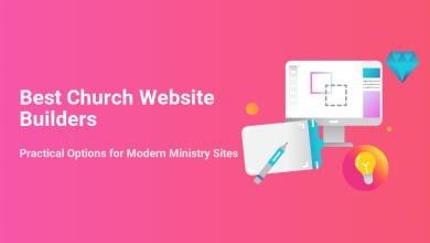 Best church website builders illustrated with web design tools, a light bulb for ideas, and a diamond, symbolizing practical options for modern ministry sites.