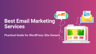 Best email marketing services for WordPress site owners, illustrated with a laptop, email, and analytics graphics.