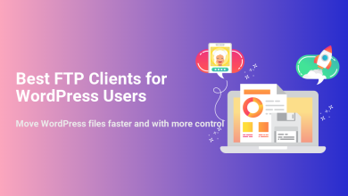 Best FTP Clients for WordPress Users: Illustration of a laptop, files, and a rocket symbolizing fast, controlled WordPress file transfers.