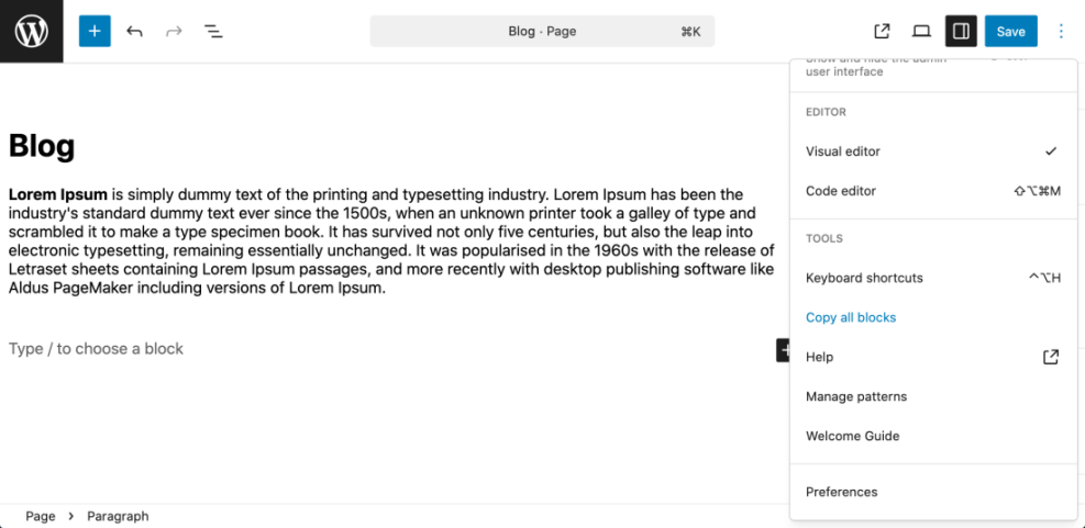 WordPress block editor displaying the 'Copy all blocks' option in the settings menu, useful for duplicating page content.
