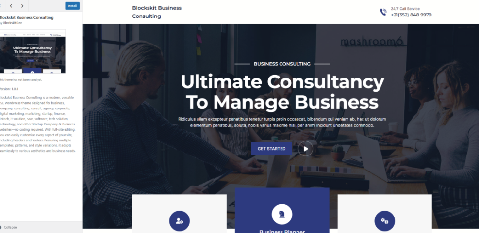 Screenshot of the Blockskit Business Consulting WordPress theme preview page, showcasing its design and features for business websites.