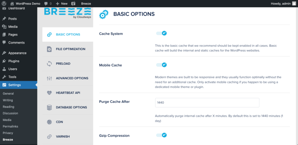 WordPress Breeze cache plugin settings, showing basic options for cache system, mobile cache, purge cache after, and Gzip compression.