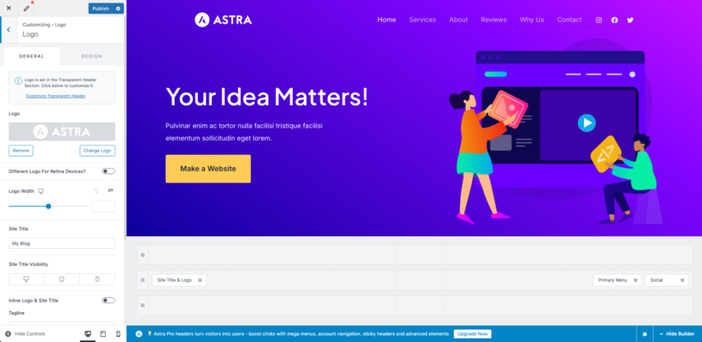 WordPress Customizer showing Astra theme logo settings, including options to change or remove logo and adjust logo width for the site header.