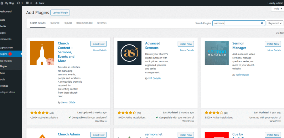 WordPress plugin search for 'sermons' in the admin area, showing options like 'Sermon Manager' for church website builders.