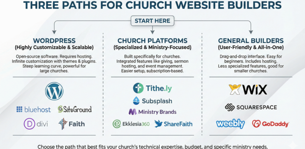Infographic comparing three church website builder paths: WordPress, specialized church platforms, and general builders like Wix or Squarespace.
