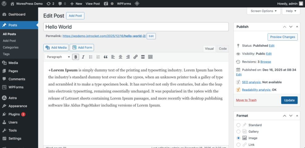 WordPress Classic Editor post editing screen showing the title, sample content, permalink, and publish box. Relevant for alt text changes.