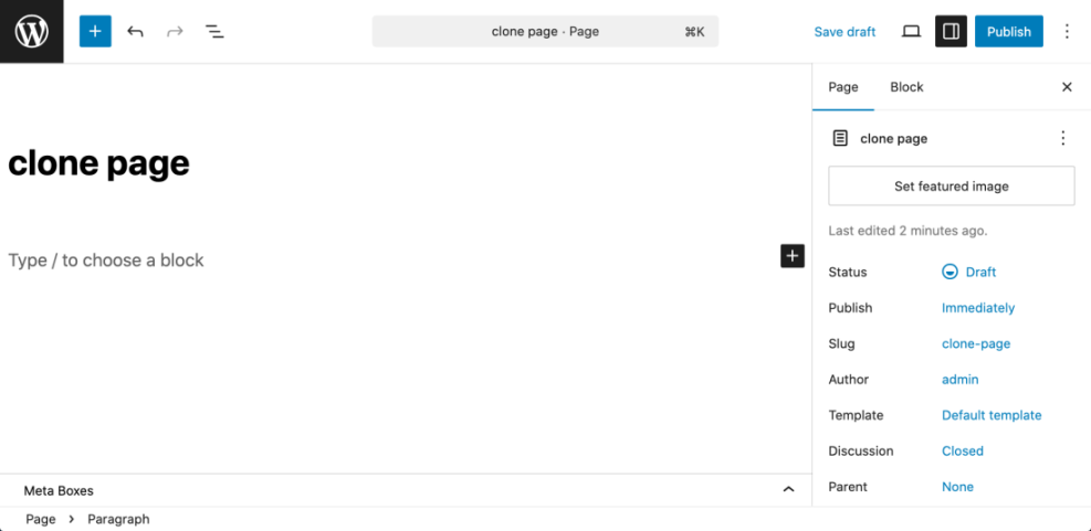 WordPress Gutenberg editor displaying page settings for a 'clone page', including draft status, slug, author, and publish options.