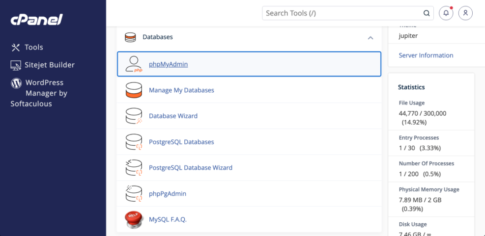 cPanel interface with phpMyAdmin highlighted in the Databases section, illustrating how to access it for a WordPress password change.