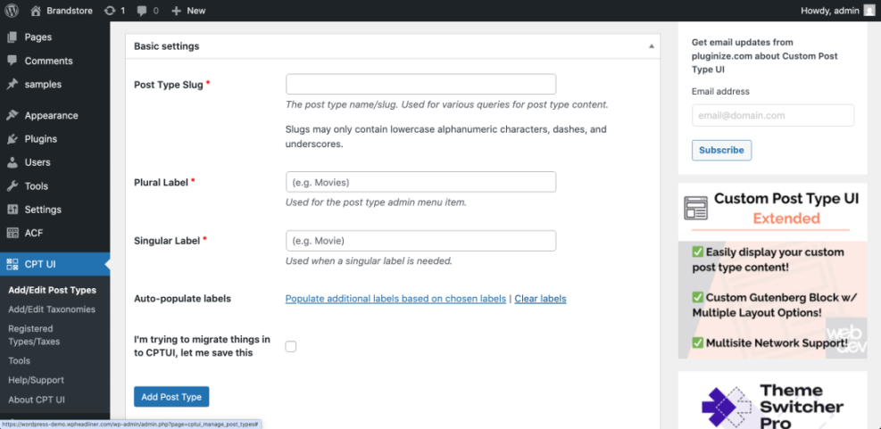 WordPress CPT UI plugin interface for adding a new custom post type, detailing basic settings like slug and labels to build a searchable database.