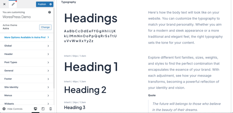 WordPress customizer showing Astra theme typography settings, including headings, body text, and quote examples for website design.