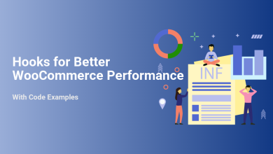 Illustration of developer hooks improving WooCommerce performance with code examples, featuring charts, data, and developers.