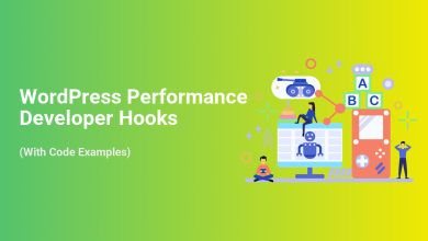 WordPress Performance Developer Hooks title with illustrations of code examples, a robot, computer, and development blocks.