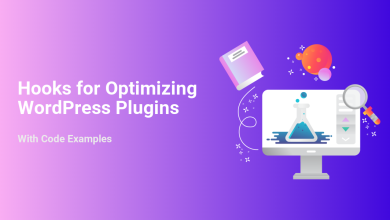 Developer hooks for WordPress plugin optimization. An illustration of a monitor with a beaker, book, and magnifying glass, symbolizing code examples and performance.