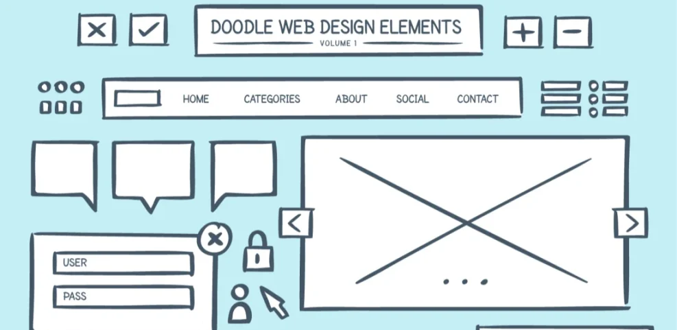 Doodle web design elements showcasing a website wireframe, useful for learning how to design a website with WordPress.