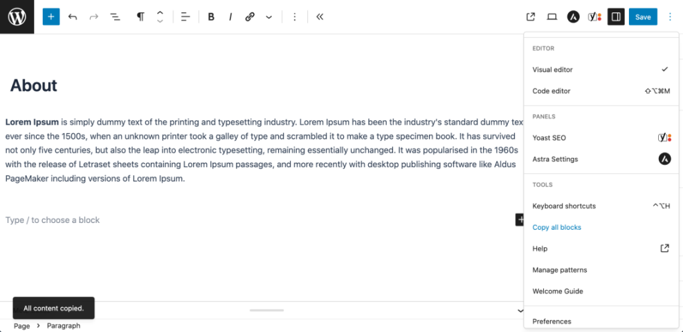 WordPress block editor showing the 'Copy all blocks' feature selected to duplicate page content, with 'All content copied' confirmation.