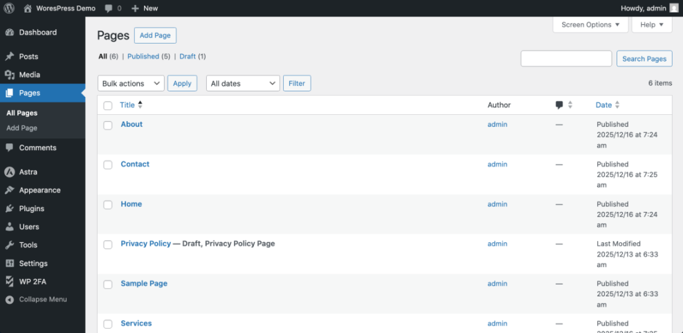 WordPress admin panel showing the list of pages (About, Contact, Home) for a website, a key area to edit a WordPress site.