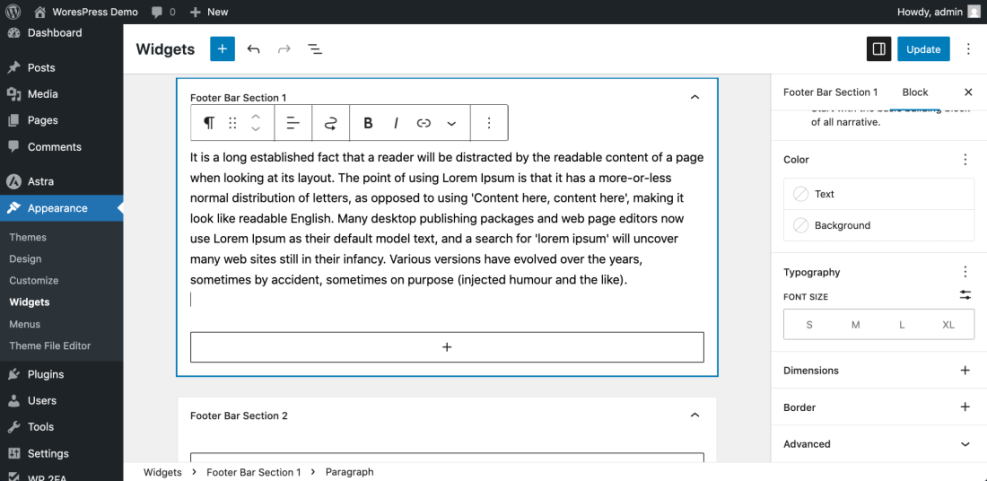 WordPress Widgets editor showing block settings for Footer Bar Section 1, demonstrating how to edit site content and design.