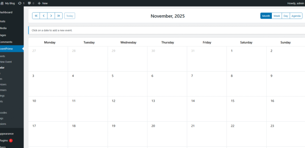 EventPrime plugin's booking calendar interface showing November 2025 in a WordPress dashboard, ideal for managing appointments and events.