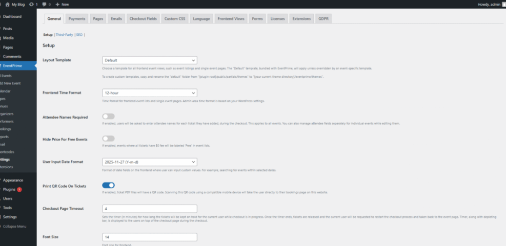 EventPrime WordPress plugin general settings page showing options for layout template, time format, attendee names, and ticket QR codes.