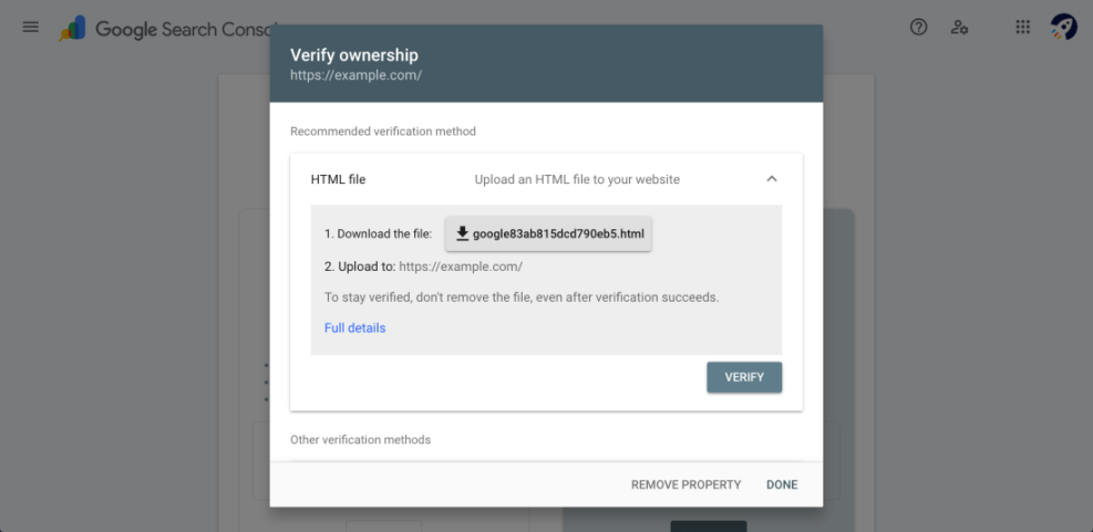 Google Search Console HTML file verification process to add and verify ownership for a WordPress site.