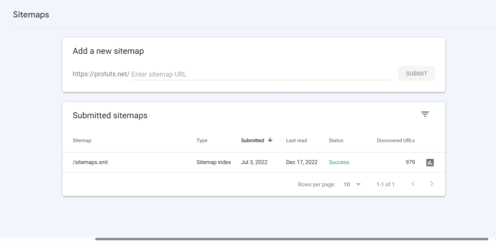 Google Search Console Sitemaps page showing where to submit a new sitemap and a successfully submitted sitemap for a WordPress site.