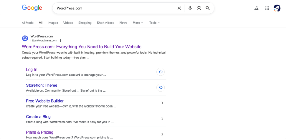 Google search results for 'WordPress.com' displaying the primary listing and sitelinks, showcasing a prominent WordPress site in SERP.