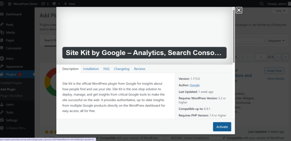 WordPress dashboard showing the Site Kit by Google plugin's details, ready for installation to set up analytics and Search Console.