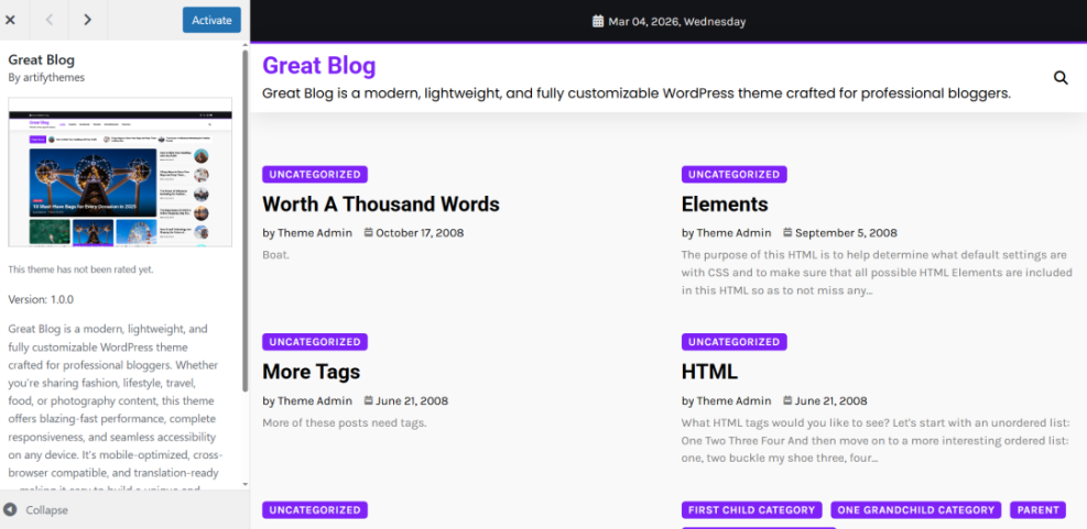 WordPress theme installation screen featuring the Great Blog theme, showing its details, preview, and options for blog post layout and activation.