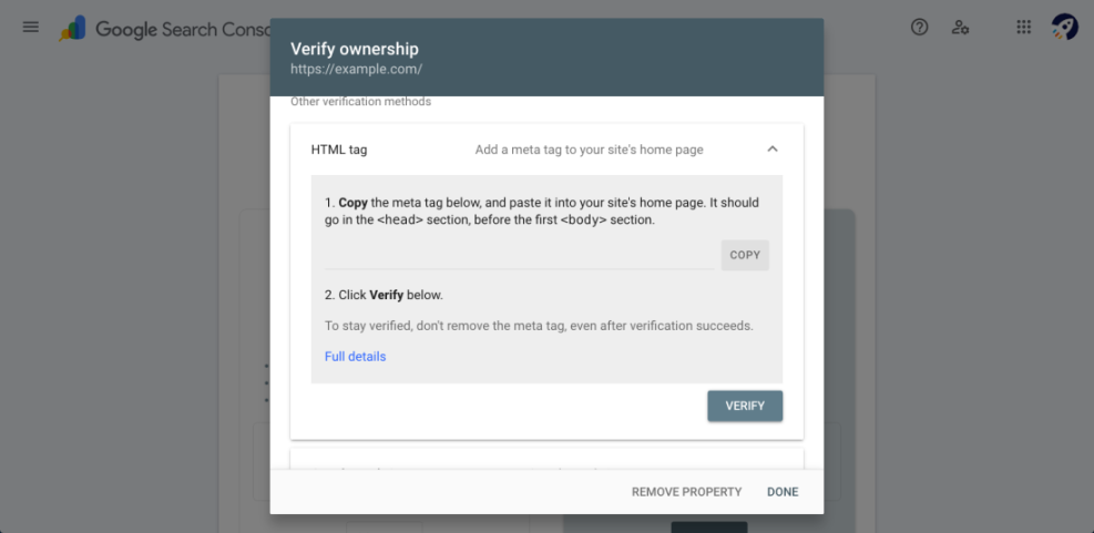 Google Search Console ownership verification dialog showing the HTML tag method for adding a meta tag to a WordPress site's head section.