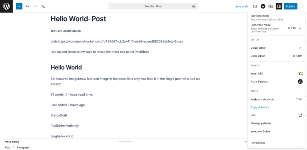 WordPress Gutenberg editor showing the 'Copy all blocks' option in the settings menu, useful for duplicating post content.