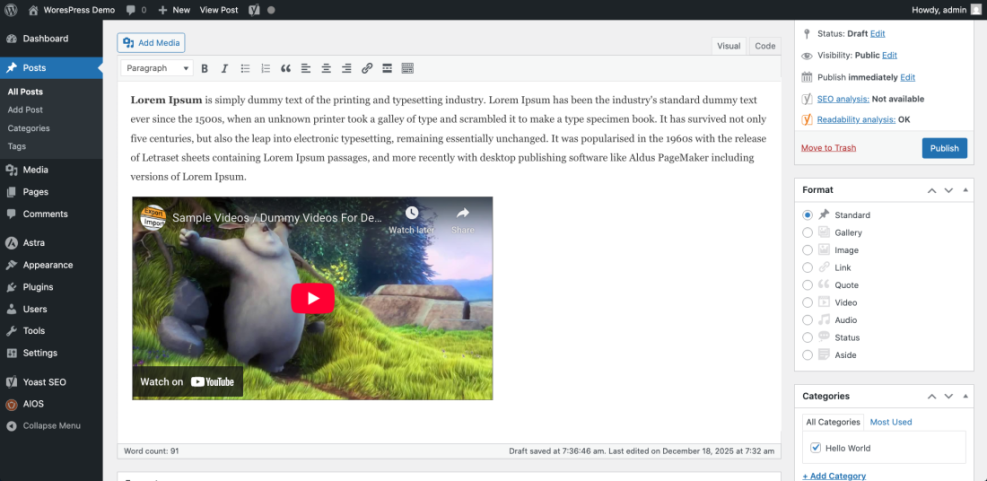 WordPress classic editor screen showing how to embed a YouTube video into a post, with 'Add Media' and video content visible.