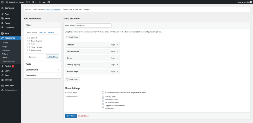 WordPress admin dashboard showing the Appearance > Menus section, where website navigation is built with pages like Contact and Privacy Policy.