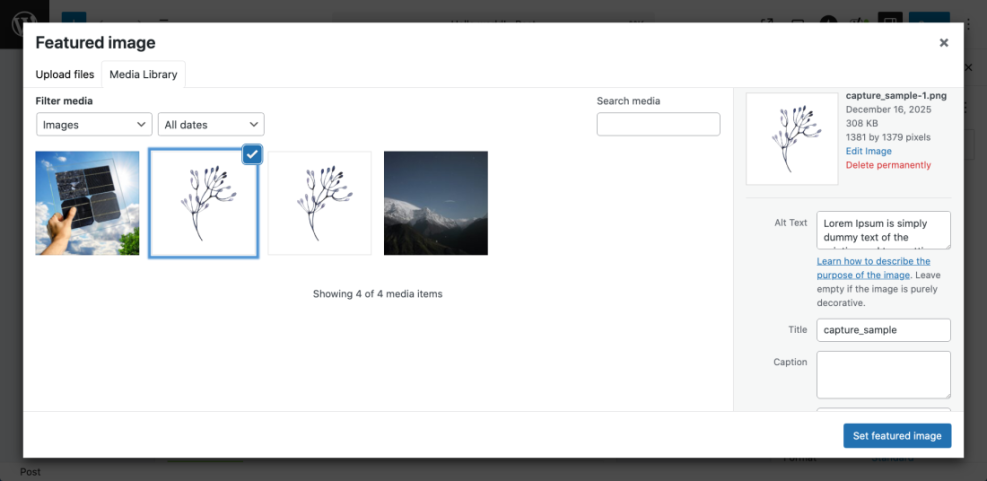WordPress media library modal for setting a featured image, showing image selection and metadata fields critical for SEO optimization.