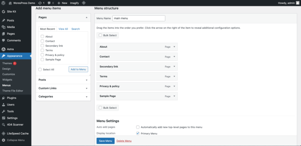 WordPress admin dashboard showing the Appearance > Menus section to edit and structure the main navigation menu with pages.