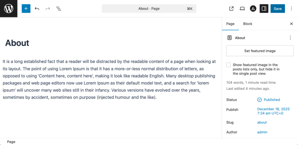 WordPress Gutenberg editor interface displaying an 'About' page, showing content, featured image setting, and publication details for editing a WordPress site.