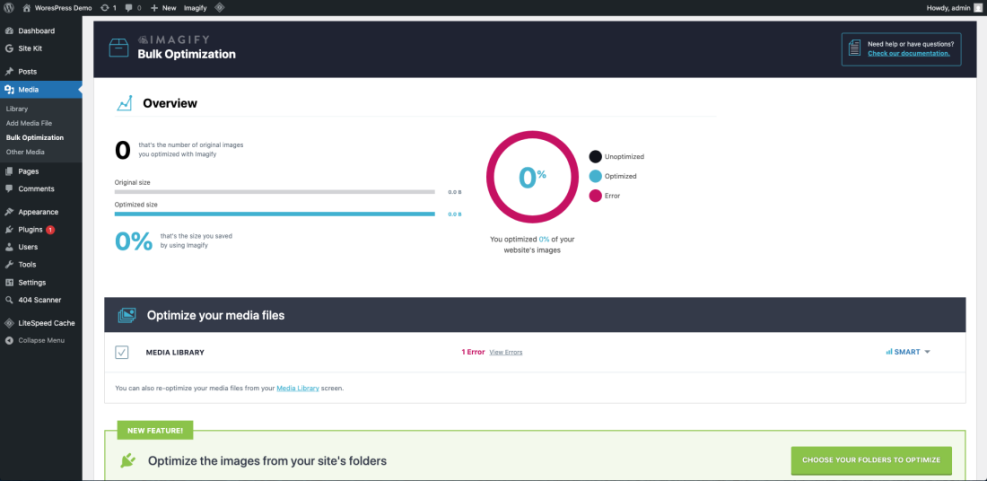 WordPress admin dashboard showing Imagify's Bulk Optimization screen with 0% images optimized and 1 error in the media library.