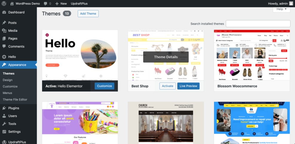 WordPress themes dashboard showing various themes, active 'Hello Elementor', and options to install or activate new themes.