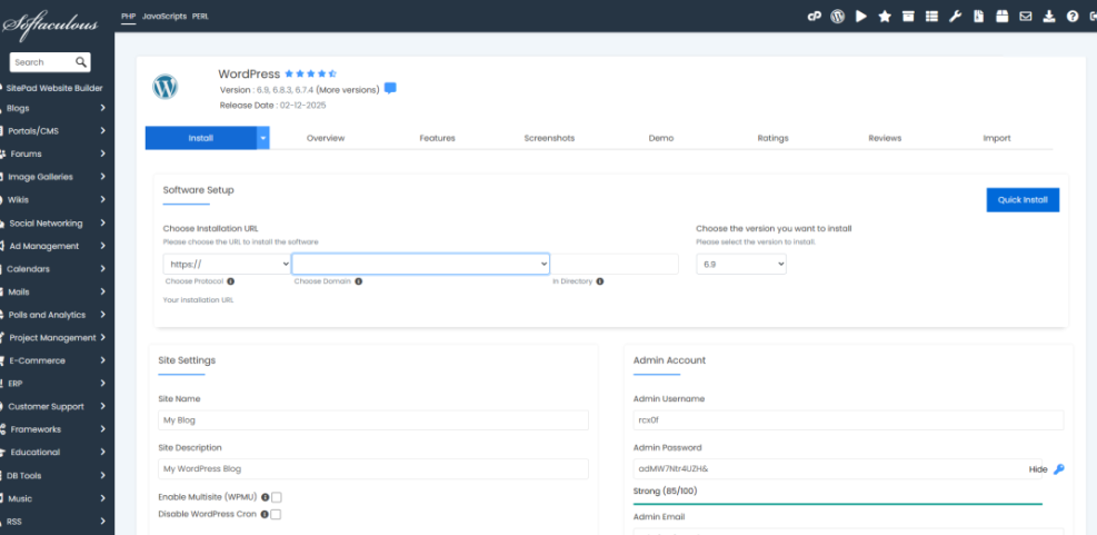 Screenshot of the Softaculous WordPress installation wizard, detailing software setup, site settings, and admin account fields for a quick one-click install.