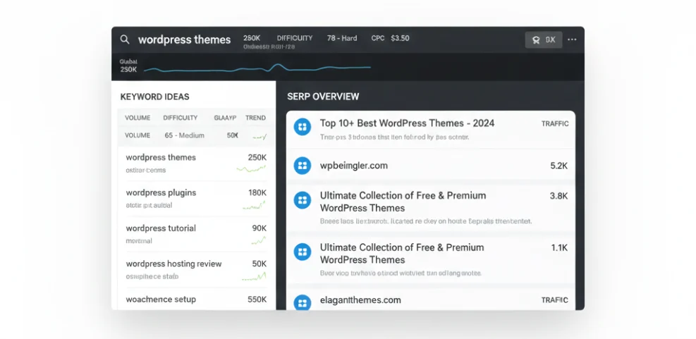 A keyword research tool showing 'wordpress themes' data, including 250K global search volume, 78-Hard difficulty, CPC $3.50, keyword ideas, and a SERP overview with top-ranking WordPress theme pages and estimated traffic for SEO analysis.
