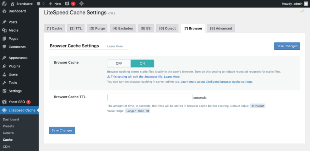LiteSpeed Cache plugin browser cache settings in WordPress, showing browser caching enabled to improve website speed and Google ranking.