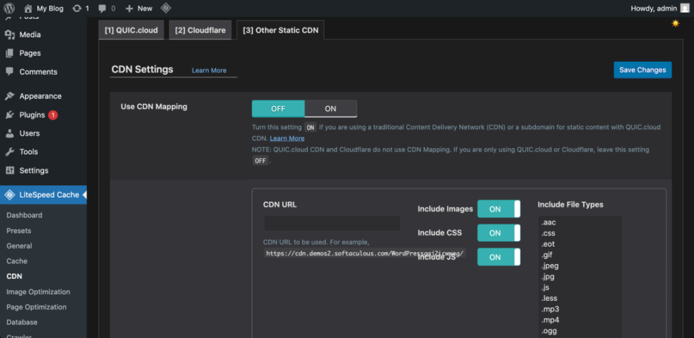 LiteSpeed Cache plugin CDN settings in WordPress showing 'Other Static CDN' mapping options for images, CSS, and JS to improve site speed.