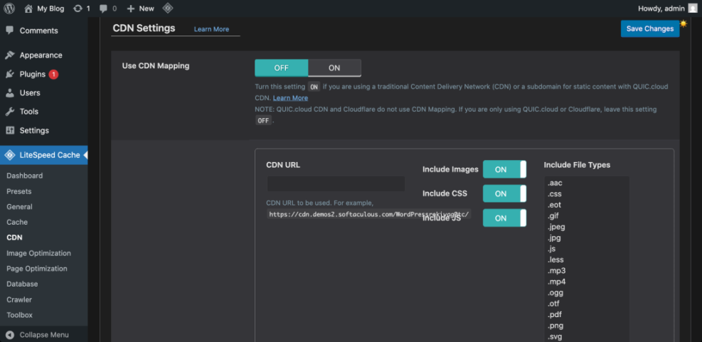 LiteSpeed Cache CDN mapping settings in WordPress showing options to enable CDN, specify URL, and include file types like images, CSS, and JS.
