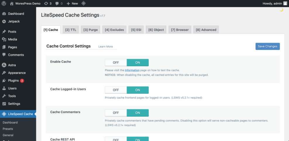 LiteSpeed Cache plugin settings in WordPress, showing the 'Cache Control Settings' tab with caching enabled for better performance.