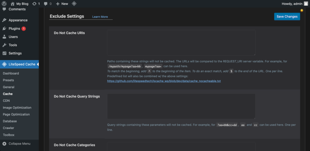 LiteSpeed Cache Exclude Settings in WordPress, showing fields to specify URIs and query strings not to cache for performance optimization.