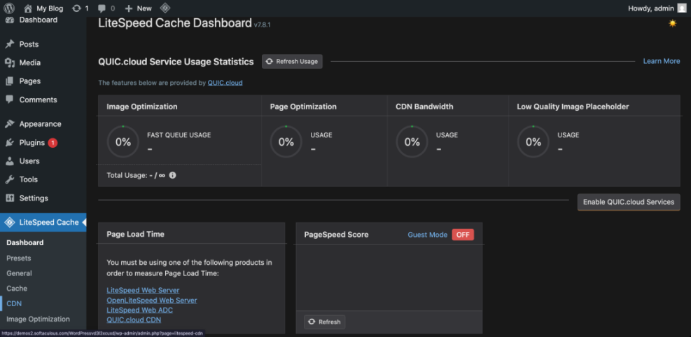 LiteSpeed Cache WordPress dashboard displaying QUIC.cloud image optimization, page optimization, and CDN usage statistics.
