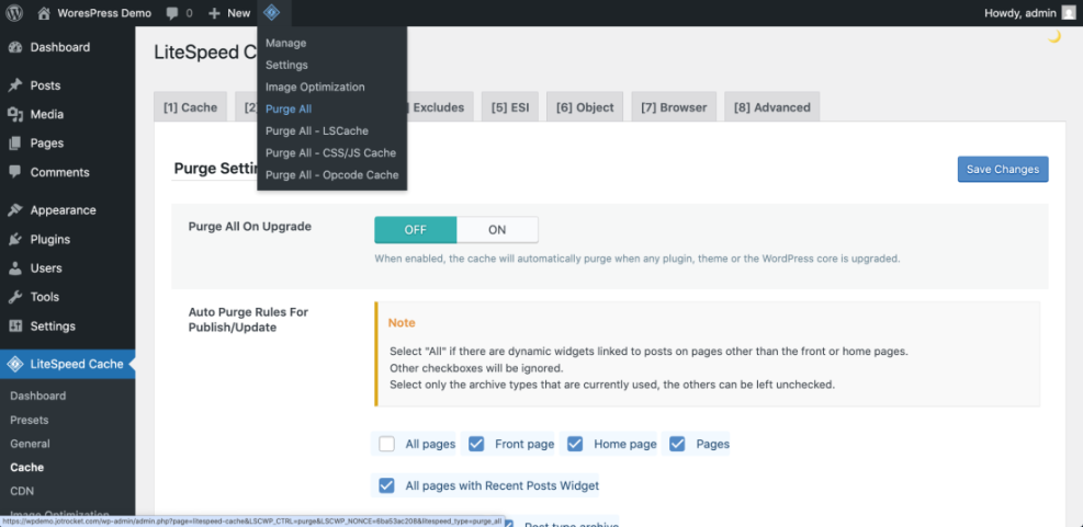 LiteSpeed Cache plugin dashboard showing the 'Purge All' option selected in the top bar menu for clearing WordPress cache.