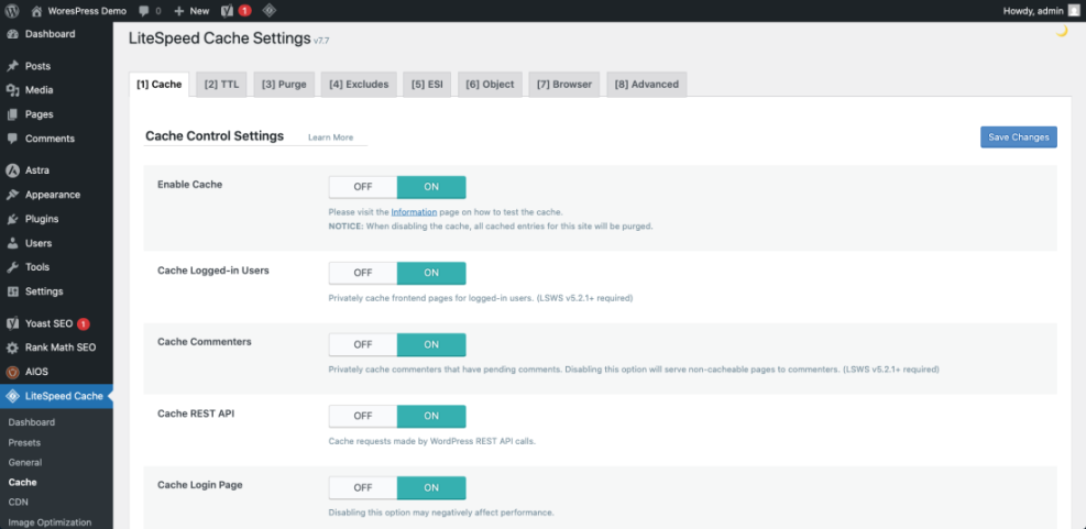 WordPress LiteSpeed Cache settings with 'Enable Cache', 'Cache Logged-in Users', and other caching options turned ON for improved SEO performance.